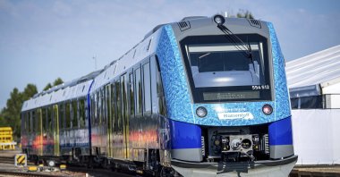 A hydrogen-powered regional train stands at Bremervoerde station, Germany, Aug. 24, 2022. (AP Photo)