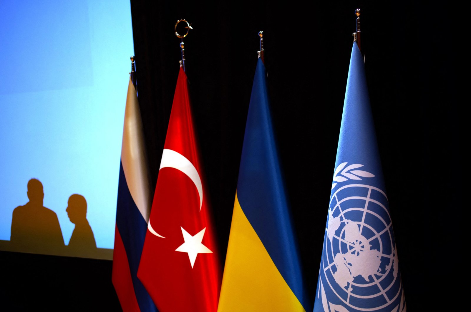 The flags representing (from L): Russia, Türkiye, Ukraine and the United Nations, decorate the stage where the Turkish National Defense Minister and the U.N. Secretary-General will hold a joint press conference at the Joint Coordination Center established in Istanbul for the safe shipment of grain products from the Black Sea region, Aug. 20, 2022. (AFP Photo)