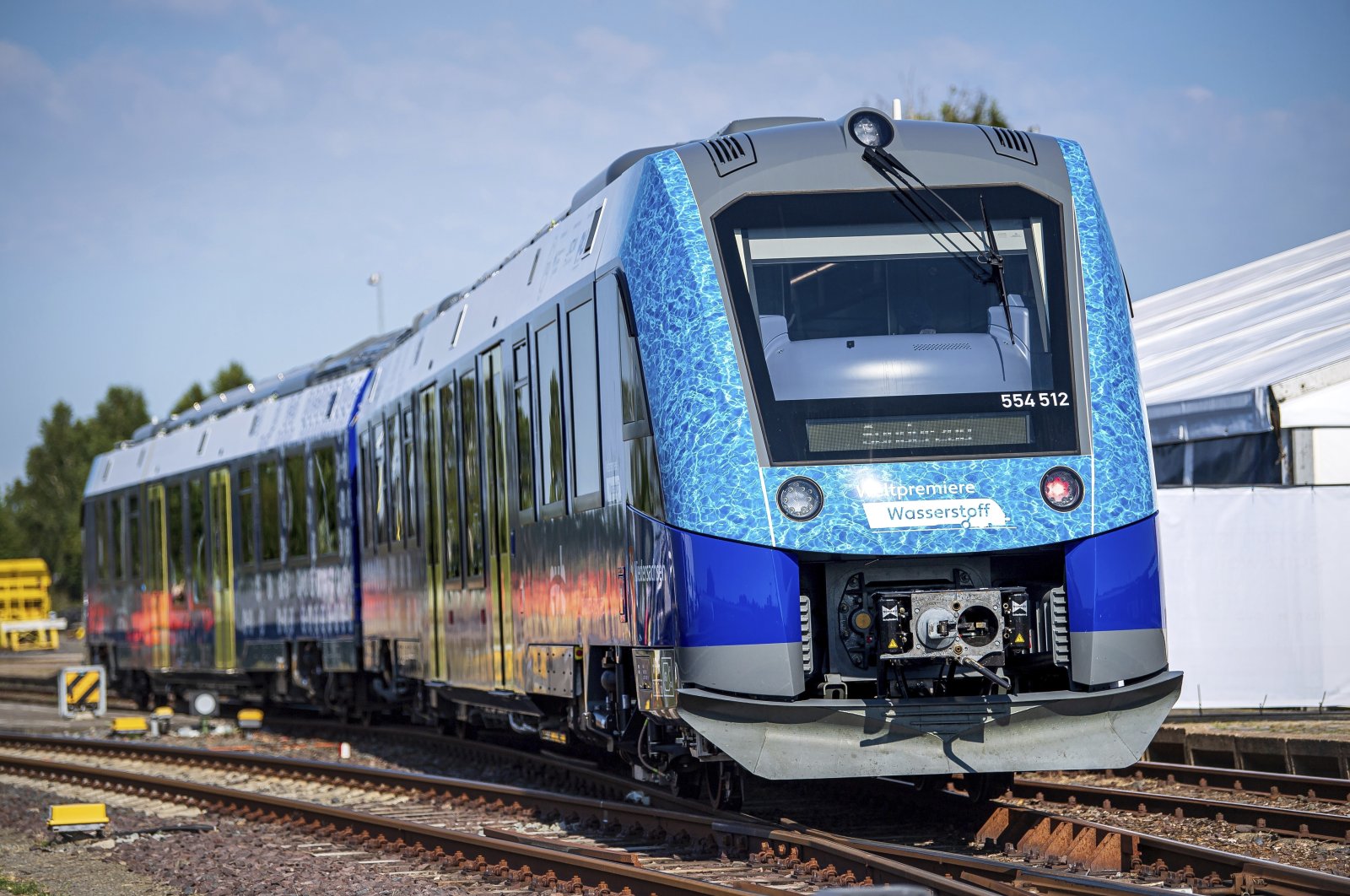 A hydrogen-powered regional train stands at Bremervoerde station, Germany, Aug. 24, 2022. (AP Photo)