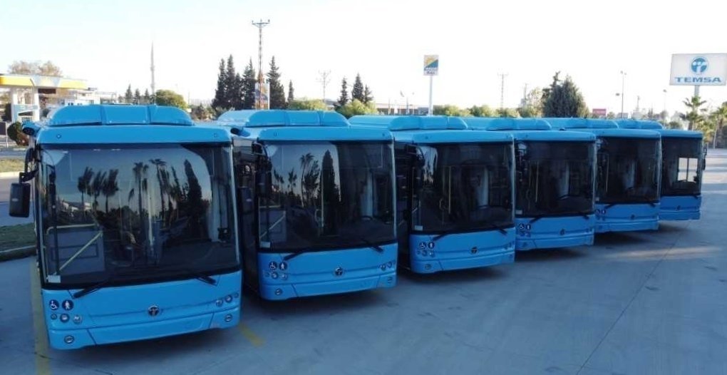 MD9 electriCITY electric vehicles manufactured by Temsa are parked at the company&#039;s facilities in Adana, southern Türkiye, Nov. 27, 2020. (Photo by Temsa via AA)