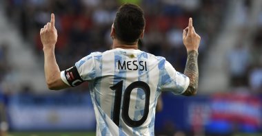 Argentina's Lionel Messi celebrates scoring his side's third goal during a friendly against Estonia, Pamplona, Spain, June 5, 2022. (AP Photo)
