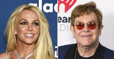 This combination of photos shows Britney Spears (L) at the 29th annual GLAAD Media Awards in Beverly Hills, California, April 12, 2018, and Elton John at the iHeartRadio Music Awards, in Los Angeles, May 27, 2021. (AP Photo)