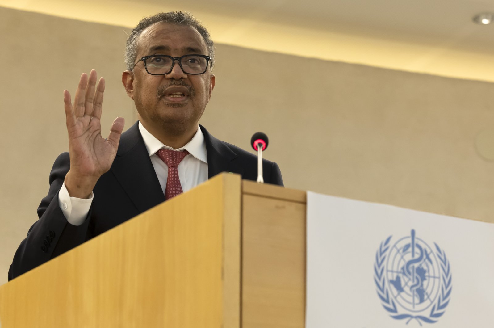 Tedros Adhanom Ghebreyesus, head of the World Health Organization (WHO) takes an oath after his reelection, during the 75th World Health Assembly at the European headquarters of the United Nations in Geneva, Switzerland, May 24, 2022. (EPA-EFE Photo)