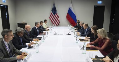 Secretary of State Antony Blinken (L-4th) meets with Russian Foreign Minister Sergey Lavrov (R-4th) on the sidelines of the Arctic Council Ministerial summit, at the Harpa Concert Hall in Reykjavik, Iceland, May 19, 2021. (AP Photo)