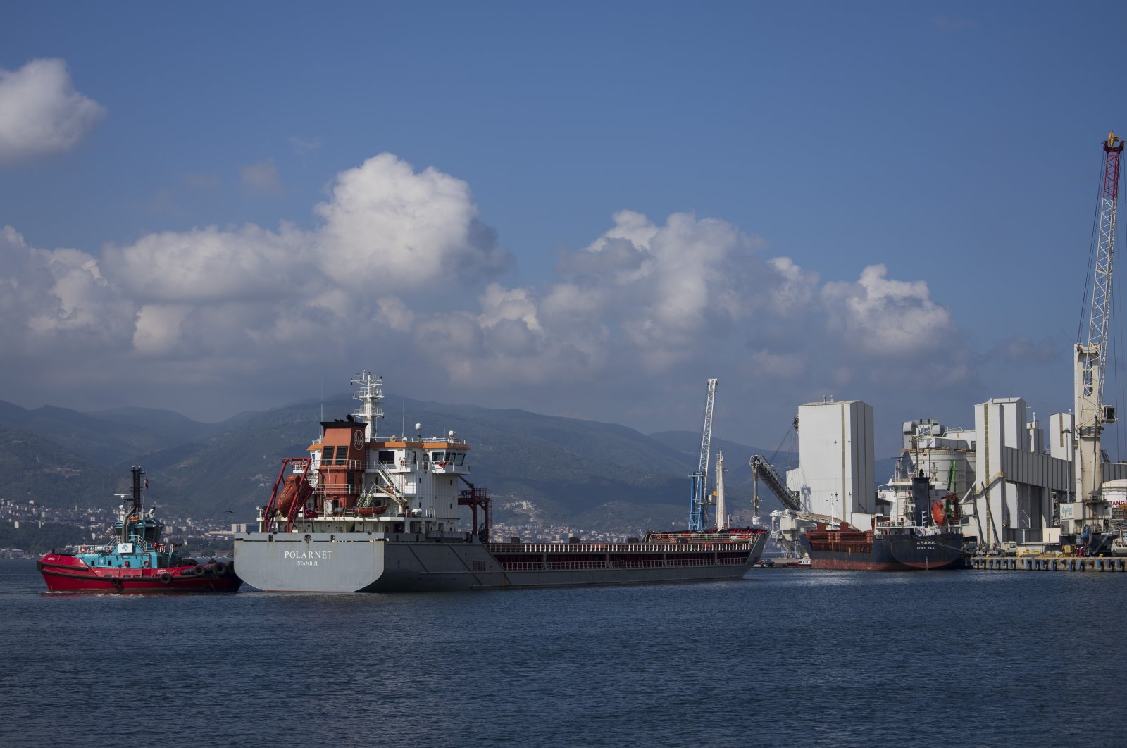 The cargo ship Polarnet (C) arrives at Derince port in the Gulf of Izmit, Türkiye, Aug. 8, 2022. (AP Photo)