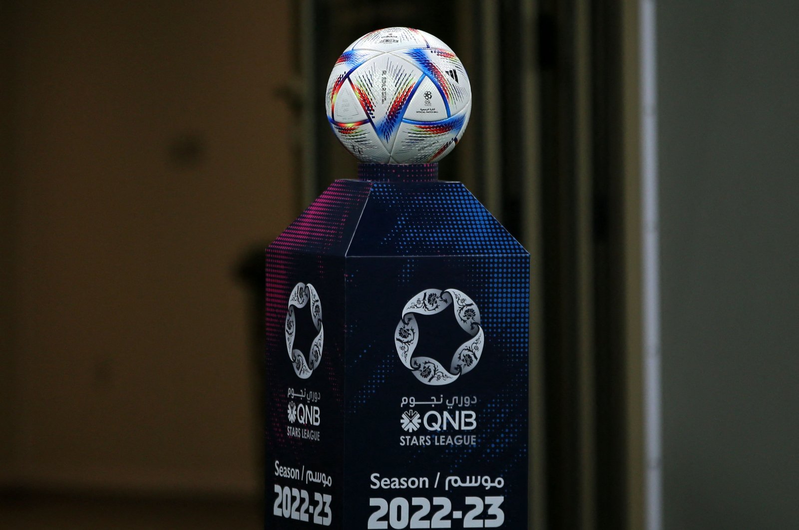 The FIFA World Cup ball is displayed before the Qatar Stars League match between Al-Arabi and Al-Rayyan at the Lusail stadium, on the outskirts of the capital Doha, Qatar, Aug. 11, 2022. (AFP Photo)