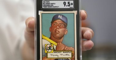 A Mickey Mantle baseball card is displayed at Heritage Auctions in Dallas, U.S., July 21, 2022. (AP Photo)