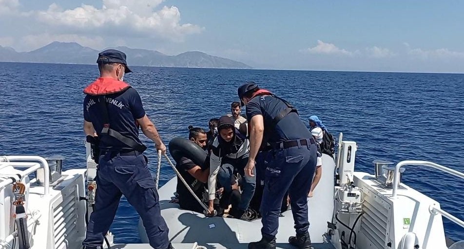 Forty-four irregular migrants are rescued by the coast guard off the Marmaris district in Muğla province, Türkiye, Aug. 28, 2022. (AA Photo)
