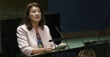 Sweden's Minister of Foreign Affairs Christin Linde addresses the 2022 Nuclear Non-Proliferation Treaty (NPT) review conference, in the United Nations General Assembly, Monday, Aug. 1, 2022. (AP Photo/Yuki Iwamura)