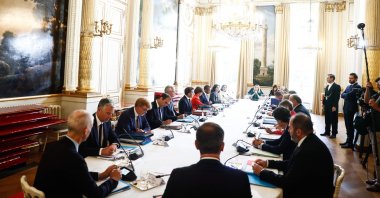 French President Emmanuel Macron (C-L) attends the cabinet meeting with ministers at the Elysee Palace in Paris, France, Aug. 24 2022. (EPA Photo)