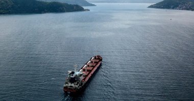 An aerial view shows the Sierra Leone-flagged cargo vessel Razoni sailing en route to Tripoli, Lebanon, along the Bosphorus Strait, Istanbul, Türkiye, Aug. 3, 2022. (AFP Photo)