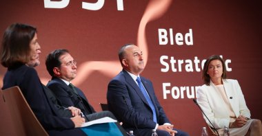 Foreign Minister Mevlüt Çavuşoğlu (2nd R) attends a panel during the 17th Bled Strategic Forum in Slovenia, Aug. 29, 2022. (AA)