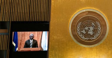 Solomon Islands Prime Minister Manasseh Sogavare remotely addresses the 76th Session of the U.N. General Assembly by pre-recorded video in New York City, U.S., Sept. 25, 2021. (Reuters Photo)