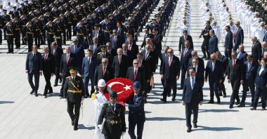 President Recep Tayyip Erdoğan and dignitaries attend a wreath-laying ceremony at Anıtkabir, in the capital Ankara, Türkiye, Aug. 30, 2022. (AA PHOTO)