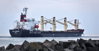 The Brave Commander bulk carrier makes its way from the Pivdennyi Seaport near Odessa, Ukraine, Aug. 16, 2022. (AP Photo)