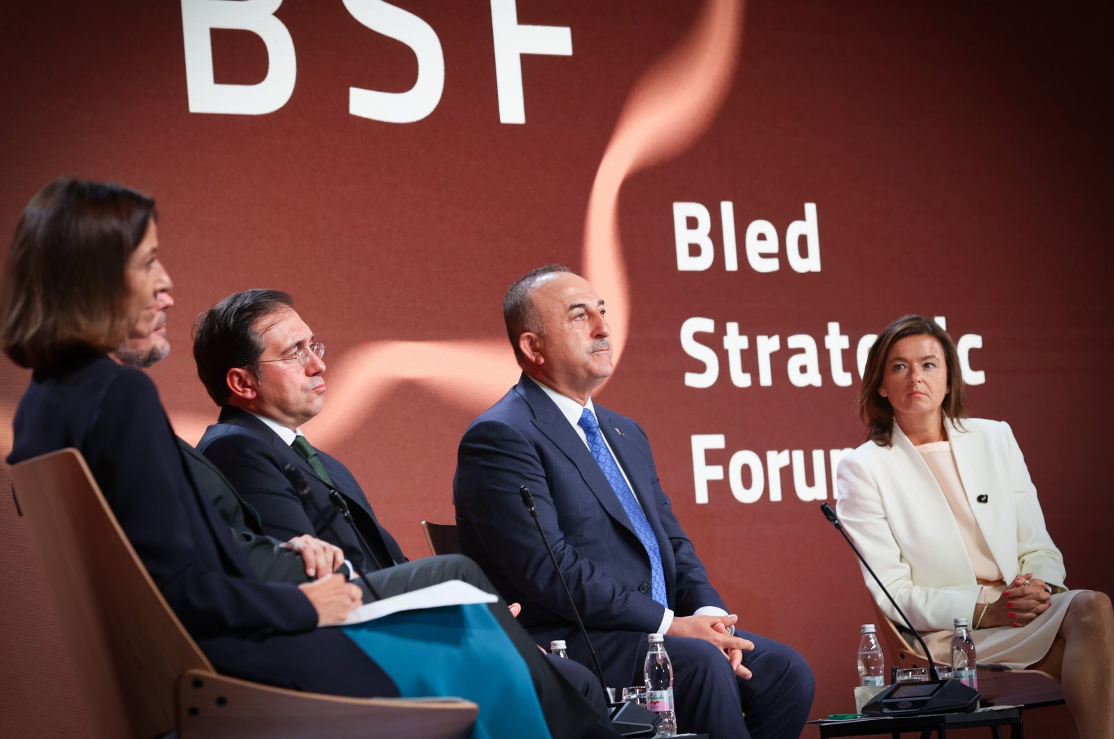 Foreign Minister Mevlüt Çavuşoğlu (2nd R) attends a panel during the 17th Bled Strategic Forum in Slovenia, Aug. 29, 2022. (AA)