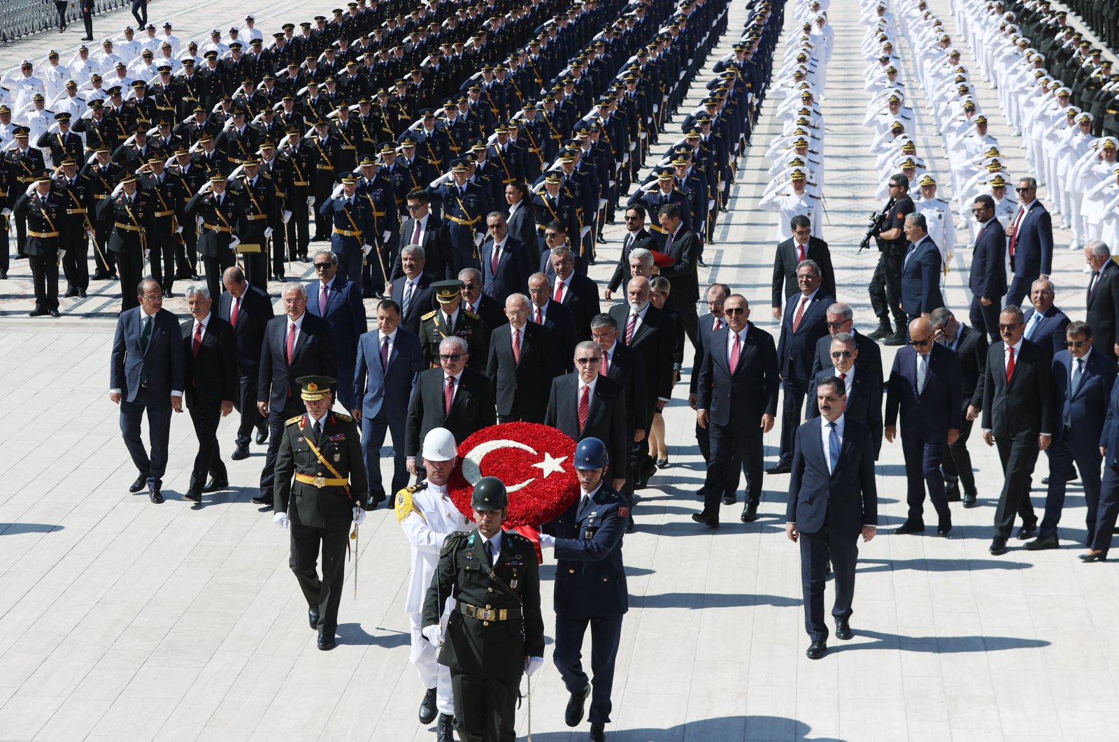 President Recep Tayyip Erdoğan and dignitaries attend a wreath-laying ceremony at Anıtkabir, in the capital Ankara, Türkiye, Aug. 30, 2022. (AA PHOTO)