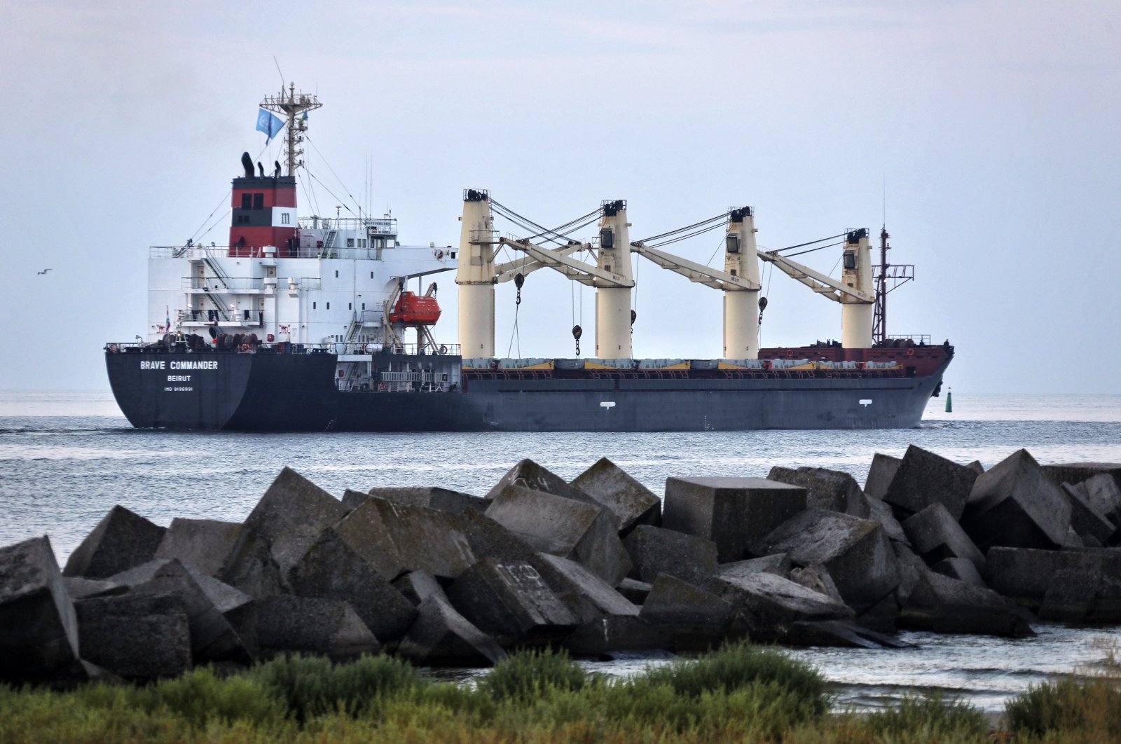The Brave Commander bulk carrier makes its way from the Pivdennyi Seaport near Odessa, Ukraine, Aug. 16, 2022. (AP Photo)