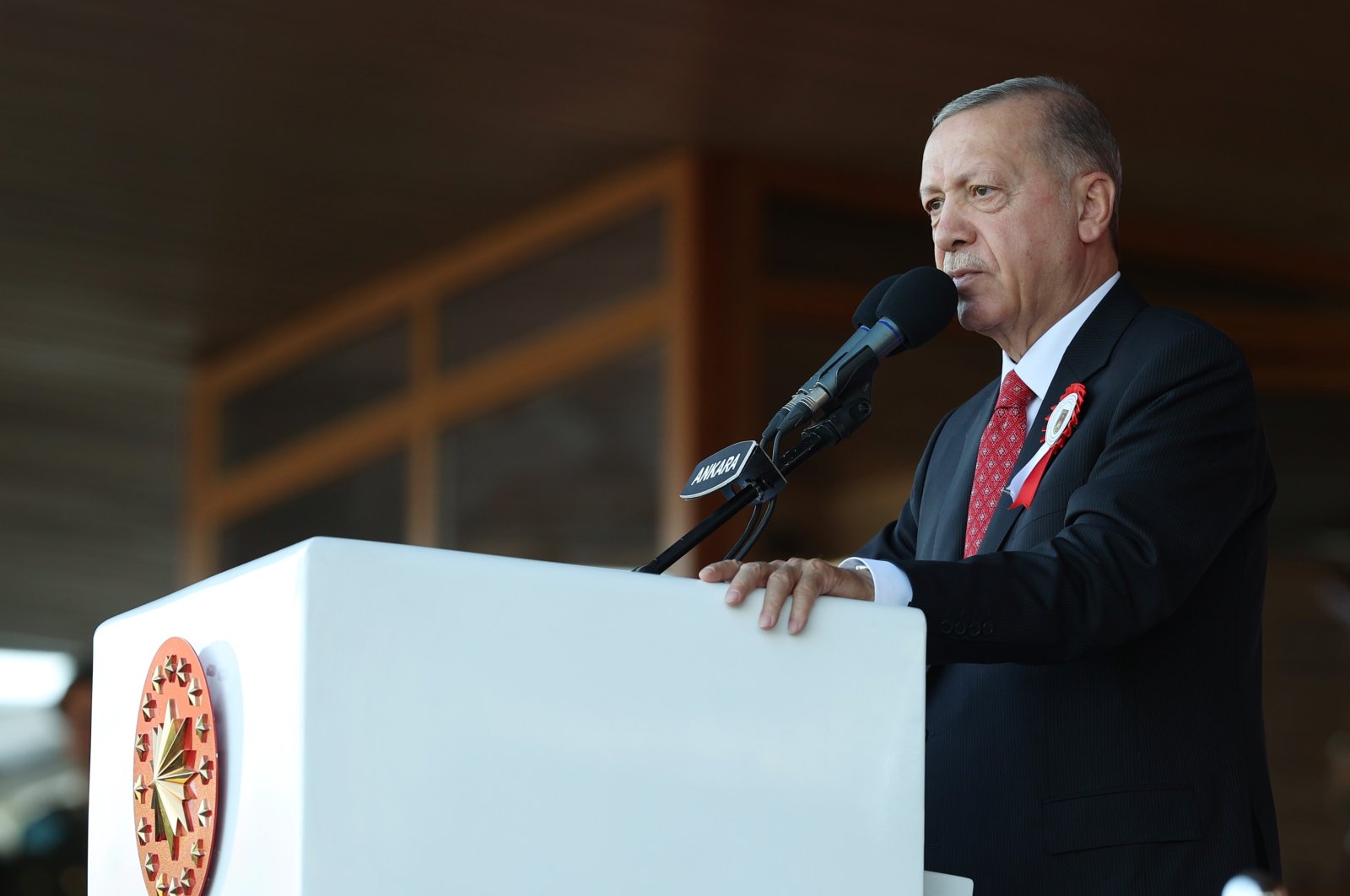 President Recep Tayyip Erdoğan speaks at a program of the National Defense University, Ankara, Türkiye, Aug. 30, 2022 (AA Photo) 