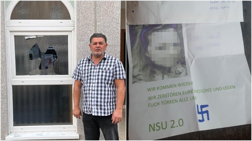 Tansel Çiftçi, head of the Neuss Turkish Cultural Center, shows the racist letter with death threats to reporters in Cologne, Germany, Aug. 30, 2022. (AA Photo)