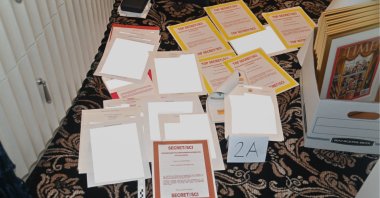 Documents seized during the Aug. 8 search by the FBI of former President Donald Trump&#039;s Mar-a-Lago estate in Florida are seen in this image contained in a court filing by the Department of Justice on Aug. 30, 2022. (Department of Justice via AP)