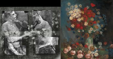 This combination of photographs shows an X-ray of Vincent Van Gogh&#039;s &quot;Two Wrestlers&quot; (L) and his &quot;Still life with meadow flowers and roses.&quot; (via Kröller-Müller Museum)