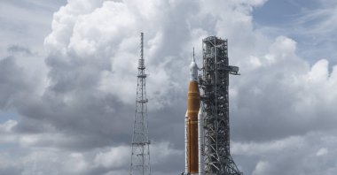 NASA's Space Launch System (SLS) rocket with the Orion spacecraft aboard is seen atop the mobile launcher at Launch Pad 39B, at Kennedy Space Center in Cape Canaveral, Florida, U.S., Aug. 30, 2022. (AP Photo)