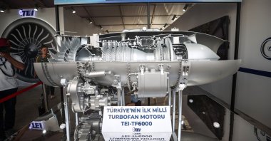 The TF-6000 turbofan engine – the first of its kind made in Türkiye – is on display during the Teknofest aerospace and technology festival in Samsun, Türkiye, Aug. 30, 2022. (AA Photo)