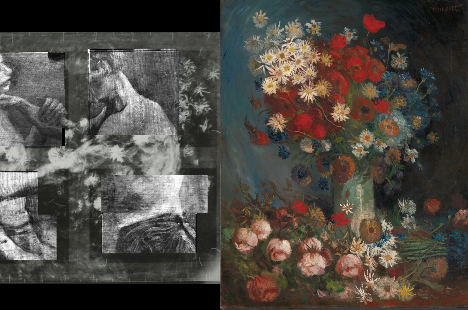 This combination of photographs shows an X-ray of Vincent Van Gogh&#039;s &quot;Two Wrestlers&quot; (L) and his &quot;Still life with meadow flowers and roses.&quot; (via Kröller-Müller Museum)