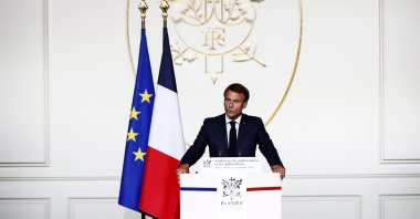 French President Emmanuel Macron delivers a speech during the French ambassadors' conference at the Elysee Palace in Paris, France, Sept.1, 2022.(AP Photo)