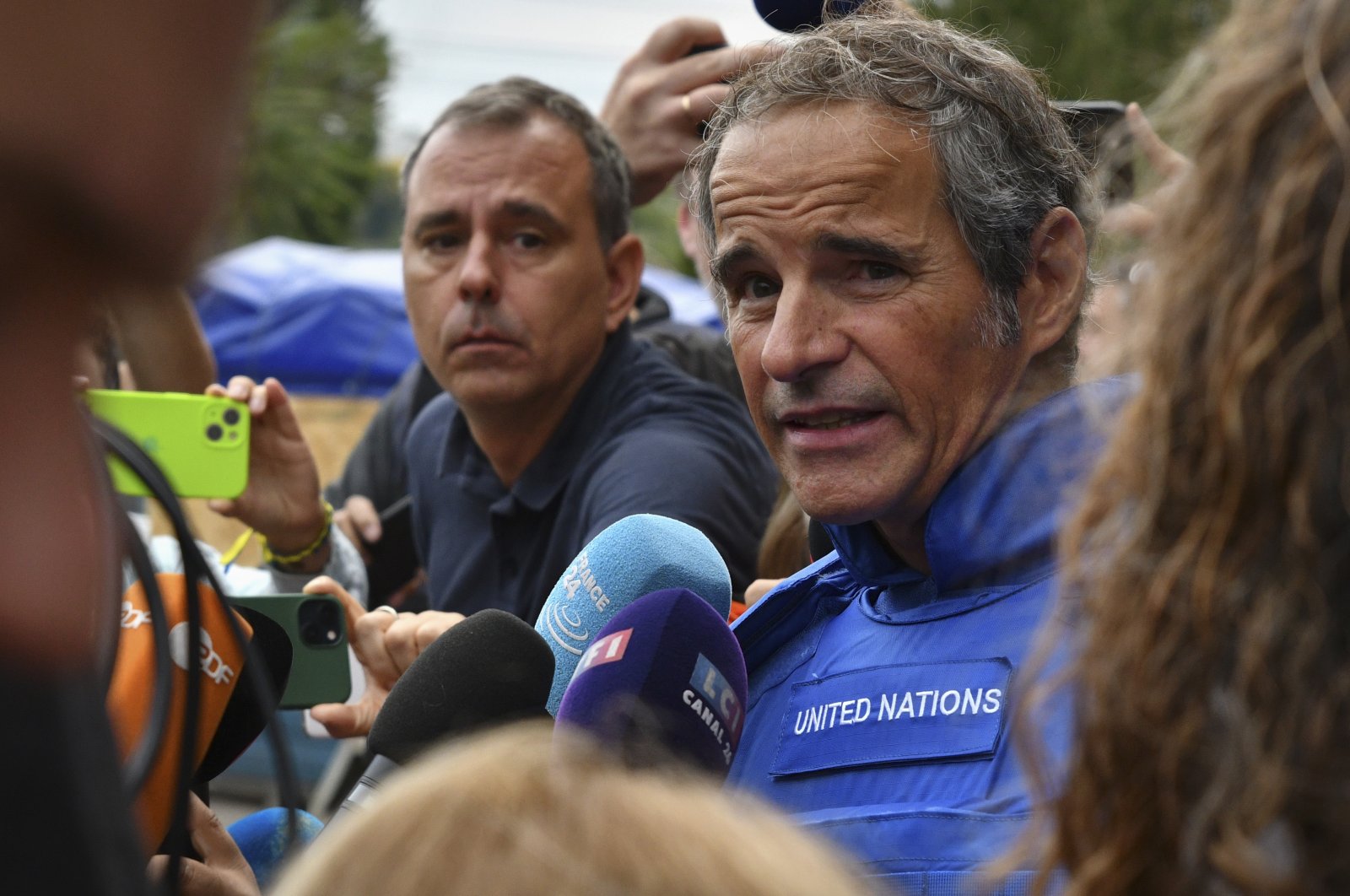 International Atomic Energy Agency (IAEA) Director General Rafael Mariano Grossi speaks to the media as a mission of the International Atomic Energy Agency prepares to visit the Zaporizhzhia nuclear power plant, in Zaporizhzhia, Ukraine, Sept. 1, 2022. (AP Photo)