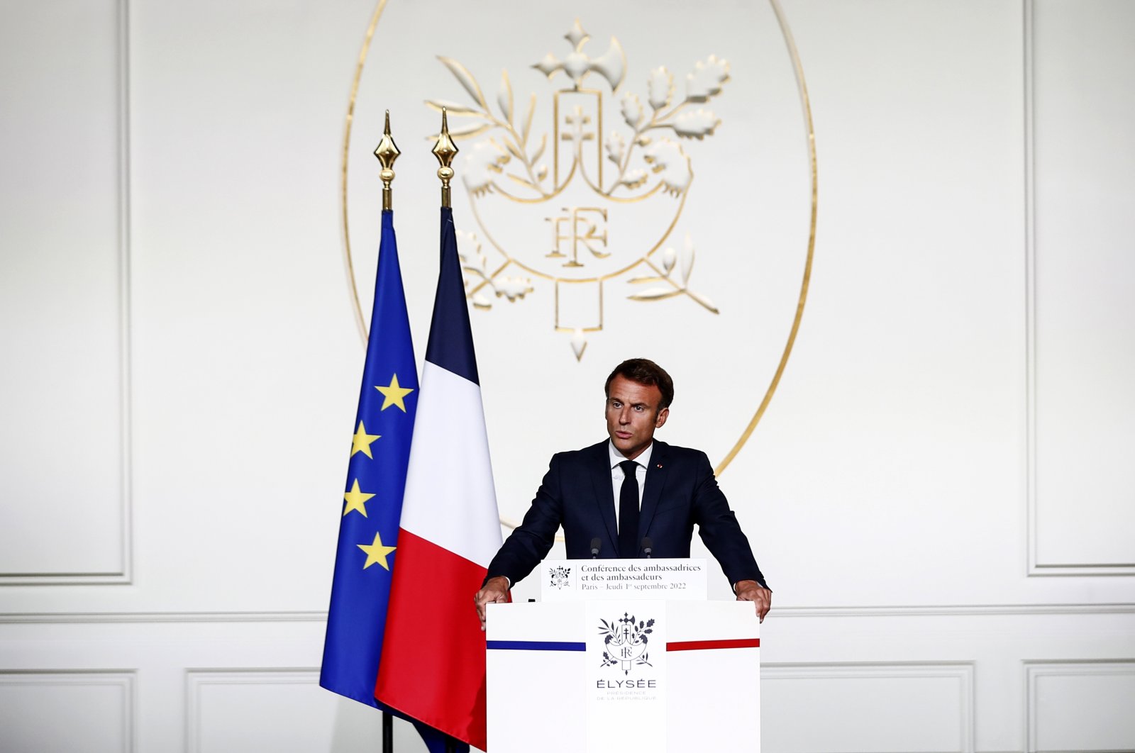 French President Emmanuel Macron delivers a speech during the French ambassadors&#039; conference at the Elysee Palace in Paris, France, Sept.1, 2022.(AP Photo)