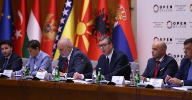(L-R) Montenegro&#039;s Prime Minister Dritan Abazovic, Serbian Prime Minister Ana Brnabic, Albania&#039;s Prime Minister Edi Rama, Serbian President Aleksandar Vucic, North Macedonia&#039;s Prime Minister Dimitar Kovacevski and the Chairperson of the Council of Ministers of Bosnia-Herzegovina Zoran Tegeltija attend the Open Balkan Initiative Summit for regional cooperation, Belgrade, Serbia, Sept. 2, 2022. (EPA Photo)