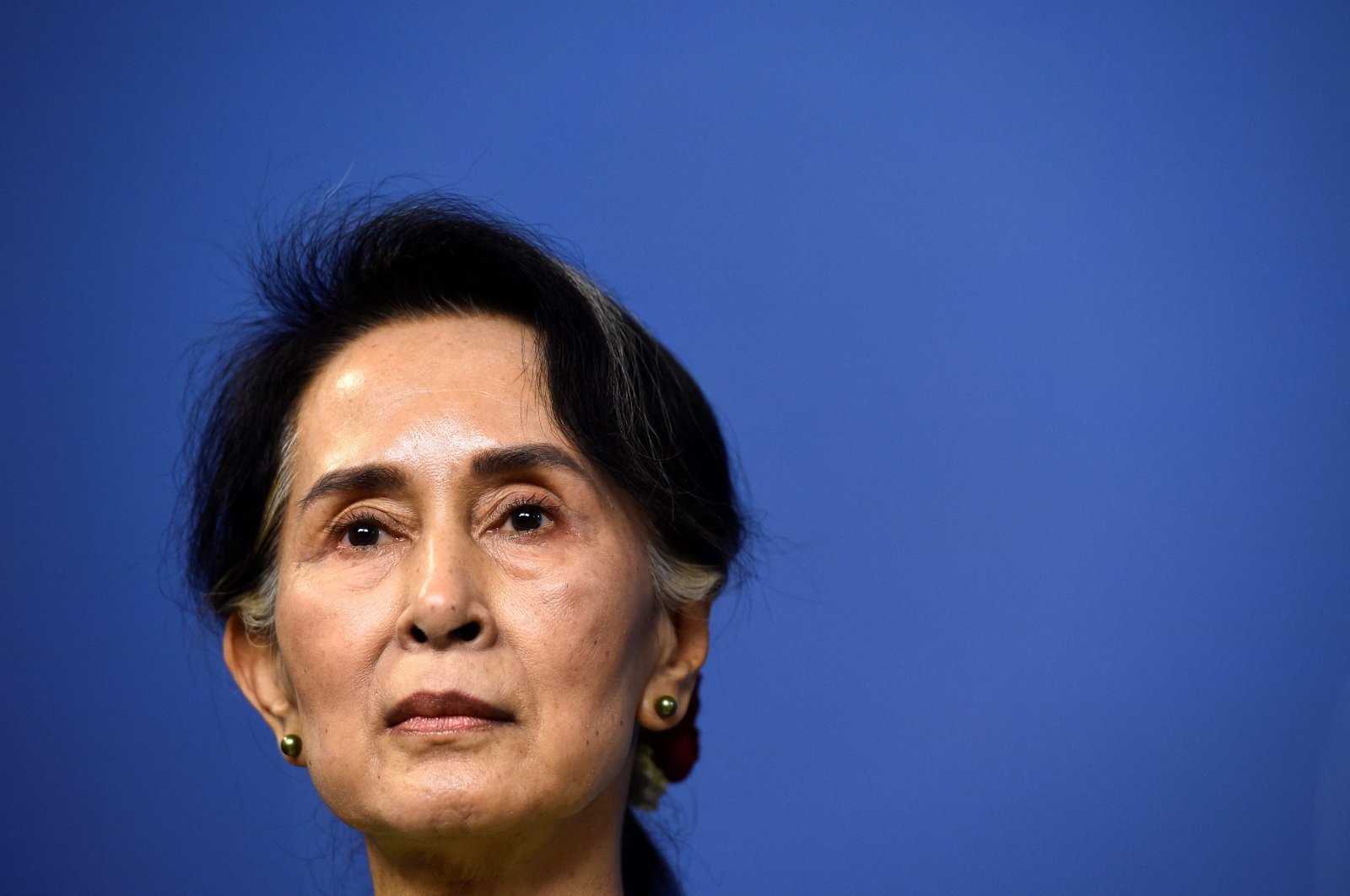 In this file photo taken on June 12, 2017, then Myanmar&#039;s State Counsellor Aung San Suu Kyi speaks during a joint a press conference with Sweden&#039;s Prime minister at the Rosenbad government office in Stockholm, Sweden. (AFP Photo)