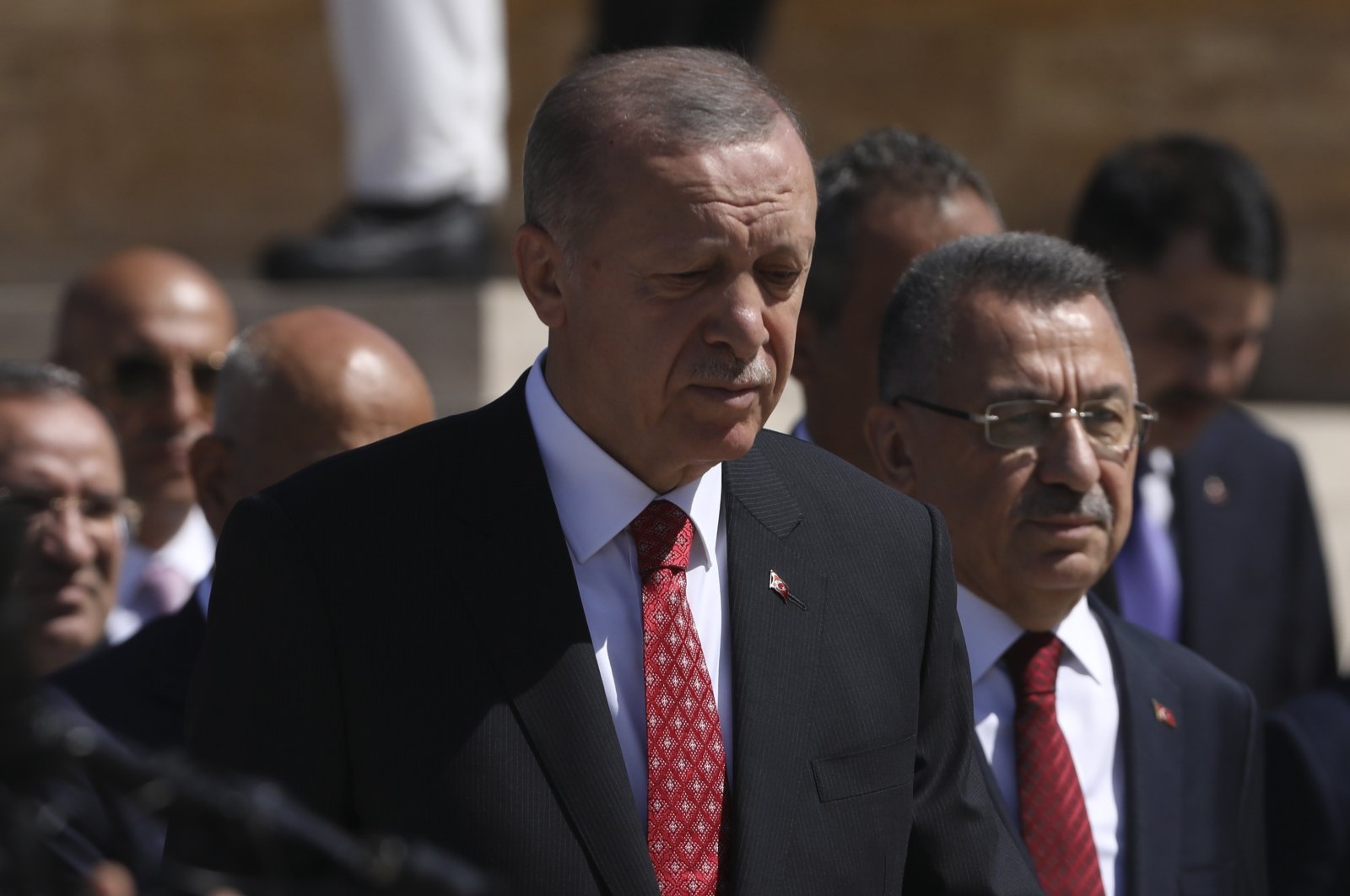 President Recep Tayyip Erdoğan walk to the mausoleum of modern Türkiye's founder Mustafa Kemal Atatürk on Victory Day, in Ankara, Türkiye, Aug. 30, 2022. (AP)