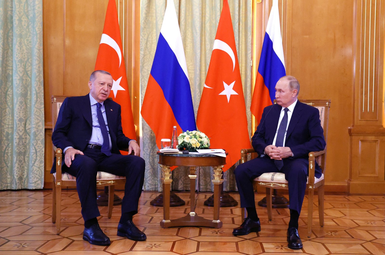Russian President Vladimir Putin listens to President Recep Tayyip Erdoğan during a meeting in Sochi, Russia, Aug. 5, 2022. (Reuters Photo)