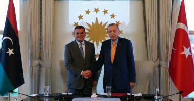 President Recep Tayyip Erdoğan shakes hands with Libyan Prime Minister Abdul Hamid Mohammed Dbeibah in Istanbul, Türkiye, Sept. 2, 2022 (AA Photo)