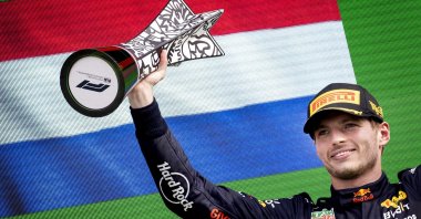 Dutch Formula One driver Max Verstappen of Red Bull Racing celebrates winning the Formula One Grand Prix of the Netherlands at the Zandvoort Circuit in Zandvoort, Netherlands, Sept. 4, 2022.  (EPA Photo)