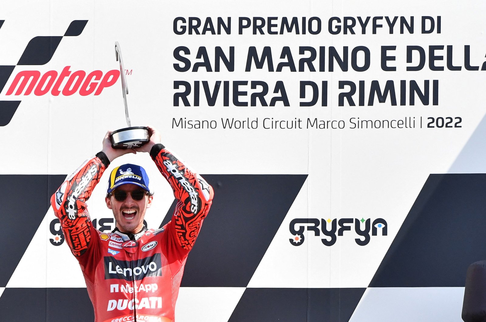Ducati&#039;s Francesco Bagnaia celebrates winning the San Marino MotoGP, San Marino, Sept. 4, 2022. (Reuters Photo)