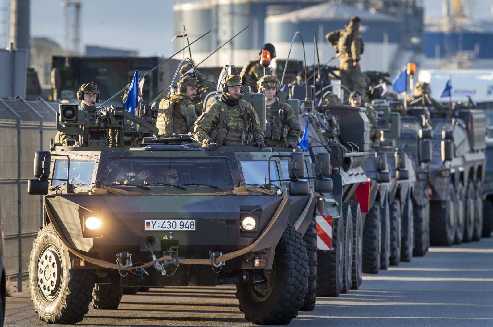 Members of German Bundeswehr 41st Mechanized Infantry Brigade Forward Command Element, 1st Panzer Division arrive at the seaport of Klaipeda, Lithuania, Sunday, Sept. 4, 2022. (AP Photo)