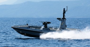 Türkiye’s first armored unmanned surface vessel (AUSV), the first marine craft of the ULAQ project, is seen in this undated photo. (Courtesy of SSB)