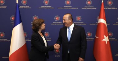 Foreign Minister Mevlüt Çavuşoğlu shakes hands with French Foreign Minister Catherine in Ankara, Türkiye, Monday, Sept. 5, 2022. (AA Photo)