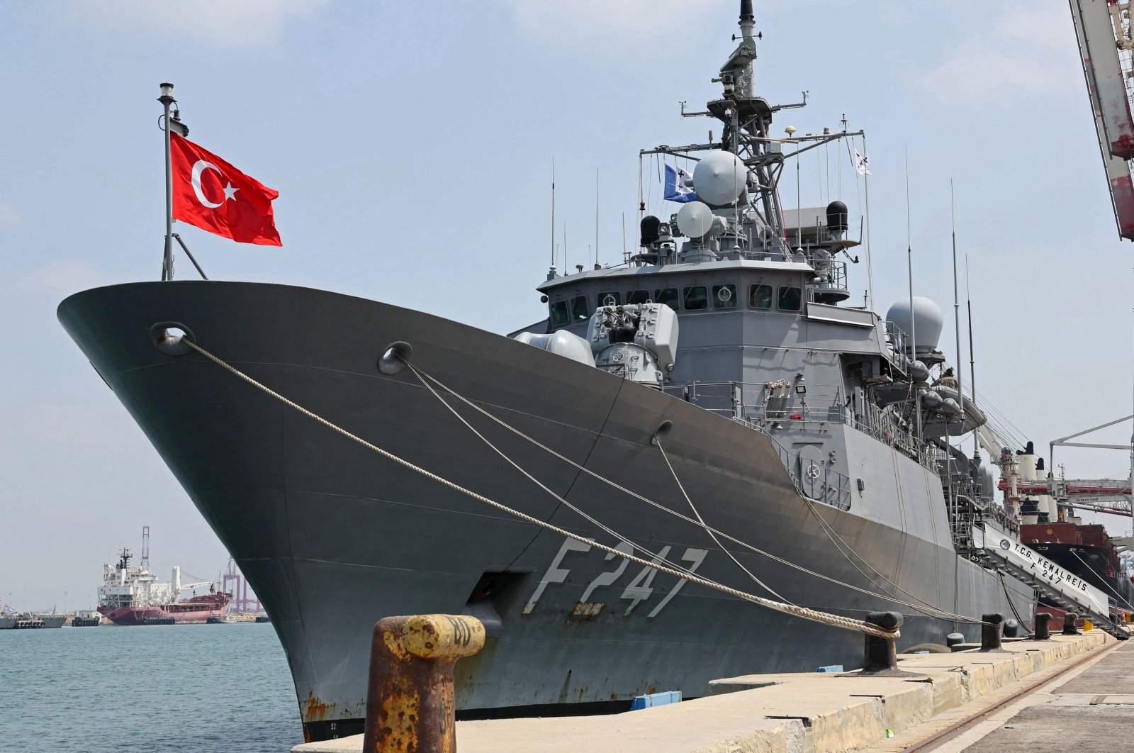 The Turkish Navy Turkish frigate (F-247) TCG Kemalreis (C) docks at Israel&#039;s northern port of Haifa during a NATO naval exercise, Sept. 3, 2022. (AFP Photo)