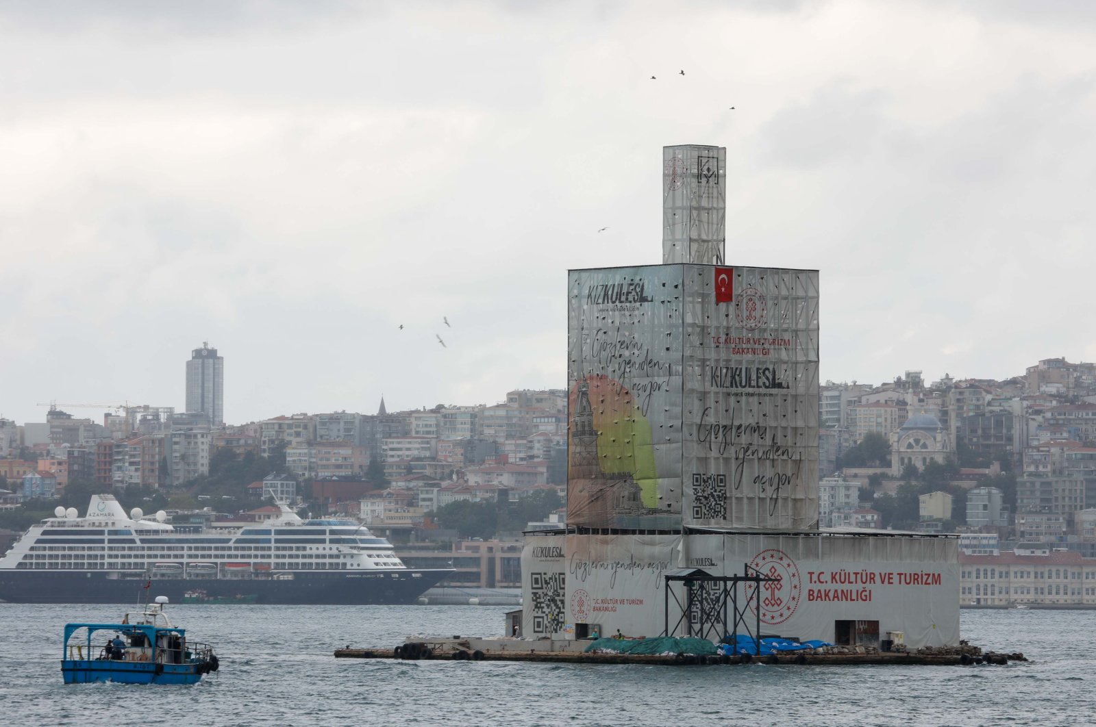 A view of Maiden&#039;s Tower during its restoration process, in Istanbul, Türkiye, Sept. 5, 2022. (DHA PHOTO)