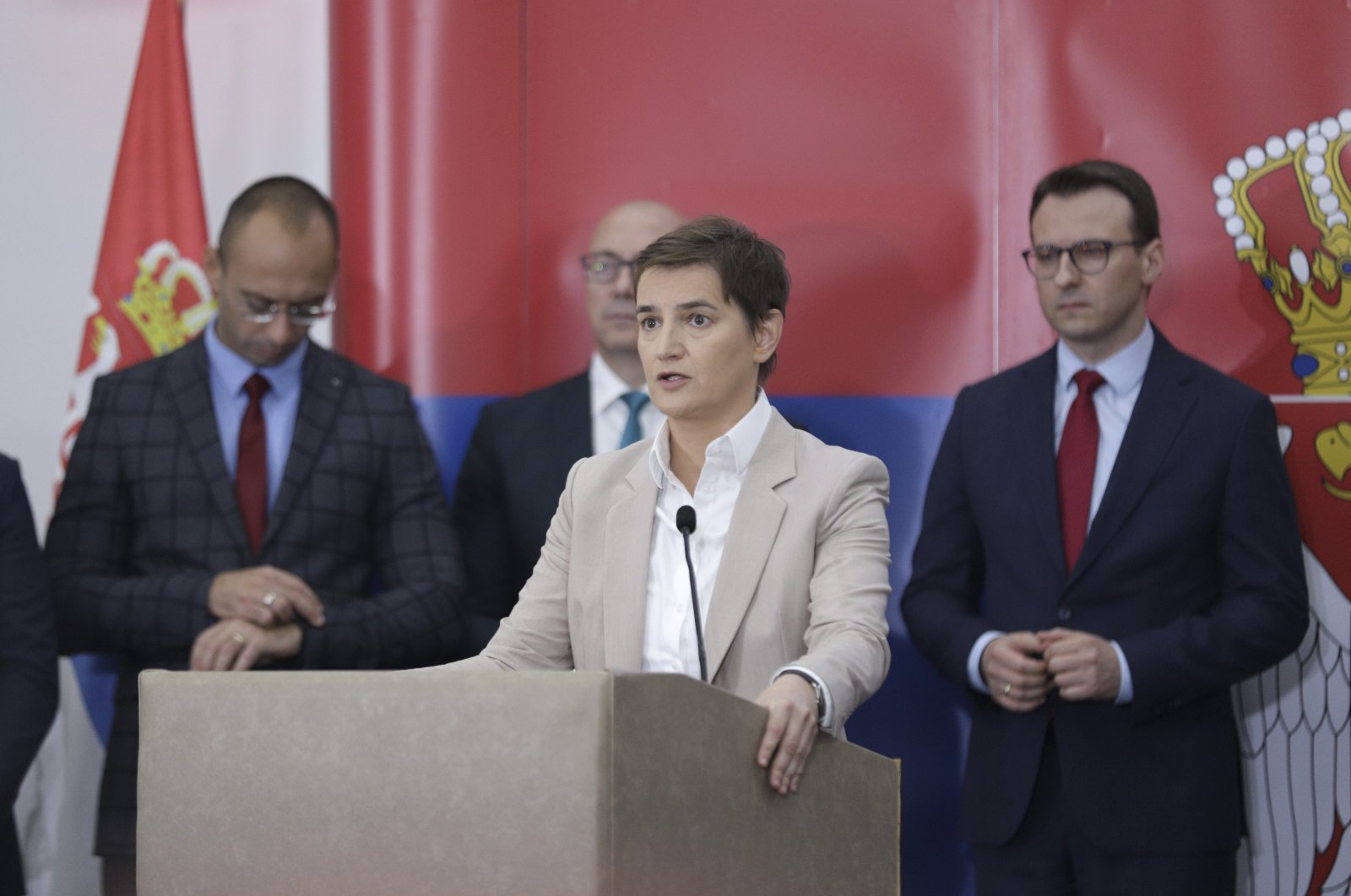 Serbia&#039;s Prime Minister Ana Brnabic (C) speaks during her visit to the northern, Serb-dominated part of the ethnically divided town of Mitrovica, in Kosovo, Sept. 5, 2022. (EPA Photo)
