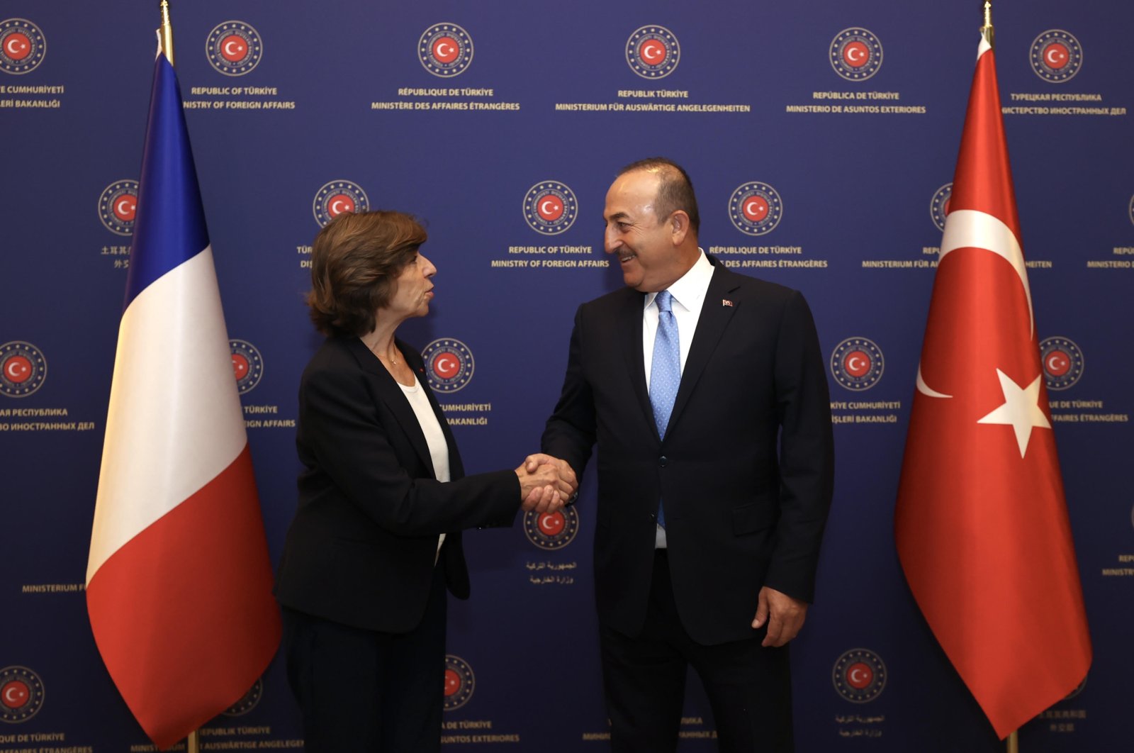 Foreign Minister Mevlüt Çavuşoğlu shakes hands with French Foreign Minister Catherine in Ankara, Türkiye, Monday, Sept. 5, 2022. (AA Photo)
