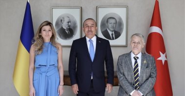 Foreign Minister Mevlüt Çavuşoğlu (C) meets with Crimean Tatar leader Mustafa Dzhemilev (R) and Ukrainian Deputy Foreign Minister Emine Dzhaparova in Ankara, Türkiye, Sept. 5, 2022. (AA Photo)