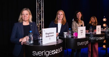 This photo shows (L to R) Swedish Prime Minister and leader of the Social Democrats Magdalena Andersson, Annie Loof, leader of the Center Party, Marta Stenevi of the Green Party, and Nooshi Dadgostar, leader of the Left Party, during a debate organized by Swedish Radio together with other party leaders in Stockholm, Sweden, Sept. 2, 2022. (AFP Photo)