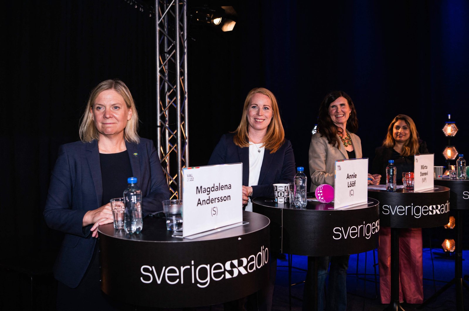 This photo shows (L to R) Swedish Prime Minister and leader of the Social Democrats Magdalena Andersson, Annie Loof, leader of the Center Party, Marta Stenevi of the Green Party, and Nooshi Dadgostar, leader of the Left Party, during a debate organized by Swedish Radio together with other party leaders in Stockholm, Sweden, Sept. 2, 2022. (AFP Photo)