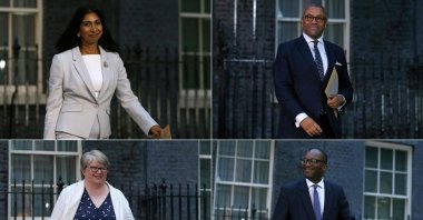 This combination of pictures shows Britain&#039;s new Home Secretary Suella Braverman (top L), Britain&#039;s Foreign Secretary James Cleverly (top R), Britain&#039;s new Health Secretary Therese Coffey (bottom L) and Britain&#039;s new Chancellor of the Exchequer Kwasi Kwarteng leaving 10 Downing Street after a meeting with Britain&#039;s new Prime Minister Liz Truss in central London, U.K., Sept. 6, 2022. (AFP Photo)